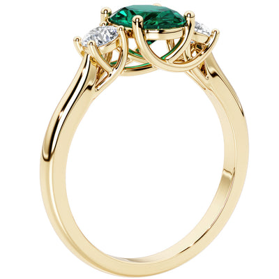 Peora Created Emerald and Lab Grown Diamond 3-Stone Trellis Ring 14K Gold Oval Shape