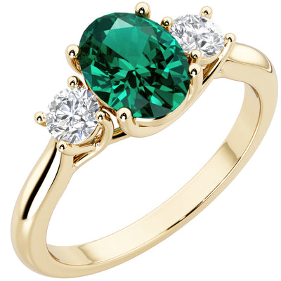 Peora Created Emerald and Lab Grown Diamond 3-Stone Trellis Ring 14K Gold Oval Shape