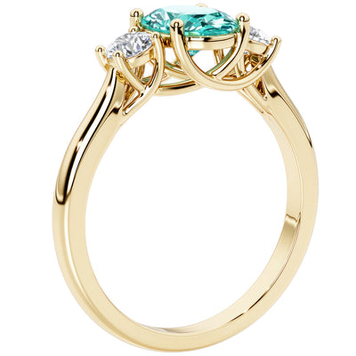 Peora Created Paraiba Tourmaline and Lab Grown Diamond 3-Stone Trellis Ring 14K Gold Oval Shape