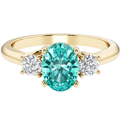 Peora Created Paraiba Tourmaline and Lab Grown Diamond 3-Stone Trellis Ring 14K Gold Oval Shape