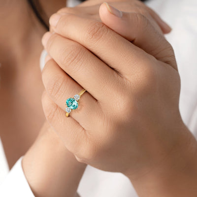 Peora Created Paraiba Tourmaline and Lab Grown Diamond 3-Stone Trellis Ring 14K Gold Oval Shape