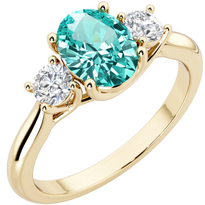 Peora Created Paraiba Tourmaline and Lab Grown Diamond 3-Stone Trellis Ring 14K Gold Oval Shape