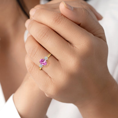 Peora Created Pink Sapphire and Lab Grown Diamond 3-Stone Trellis Ring 14K Gold Oval Shape