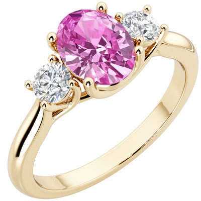 Peora Created Pink Sapphire and Lab Grown Diamond 3-Stone Trellis Ring 14K Gold Oval Shape