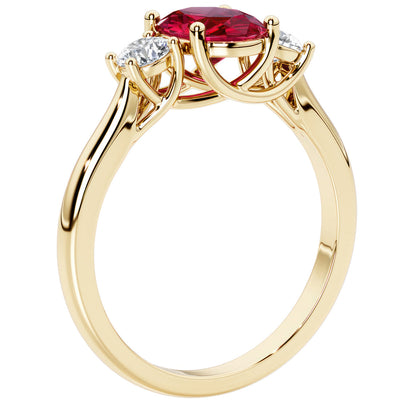 Peora Created Ruby and Lab Grown Diamond 3-Stone Trellis Ring 14K Gold Oval Shape