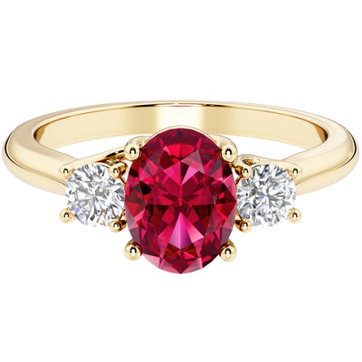 Peora Created Ruby and Lab Grown Diamond 3-Stone Trellis Ring 14K Gold Oval Shape