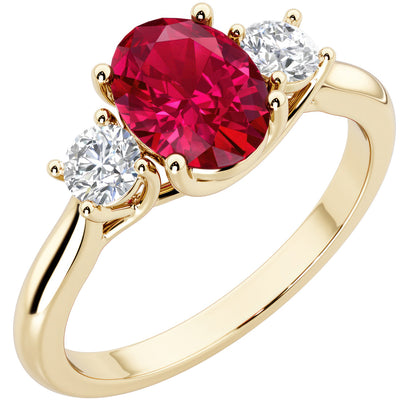 Peora Created Ruby and Lab Grown Diamond 3-Stone Trellis Ring 14K Gold Oval Shape