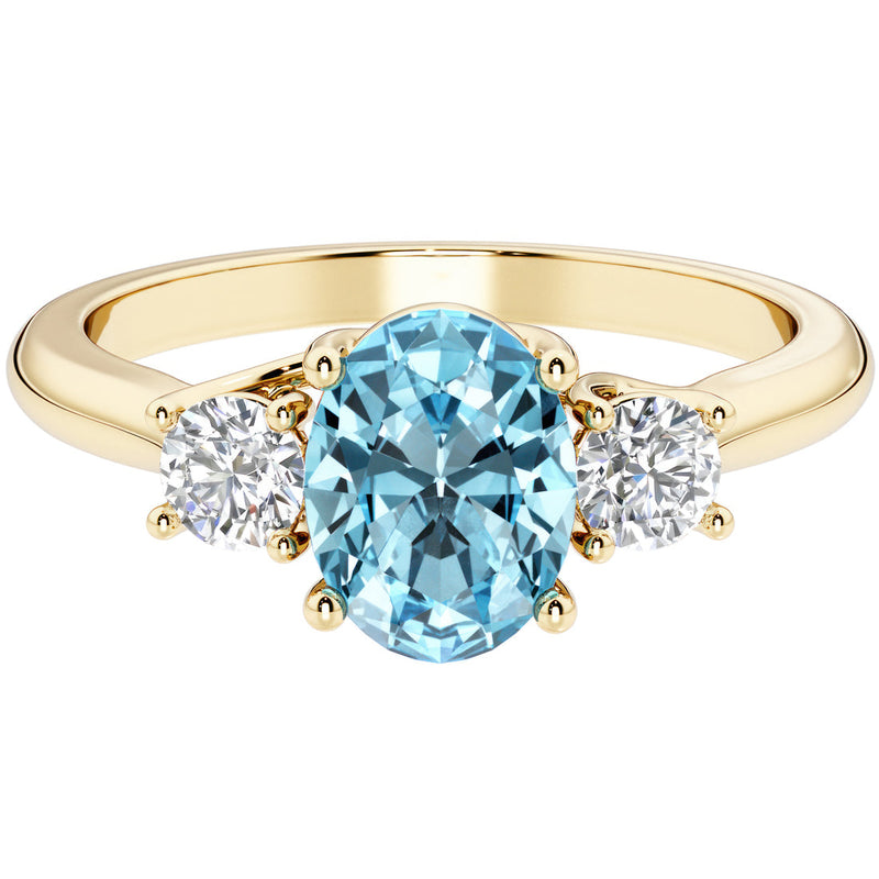 Peora Swiss Blue Topaz and Lab Grown Diamond 3-Stone Trellis Ring 14K Gold Oval Shape