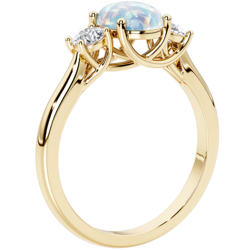 Peora Created White Opal and Lab Grown Diamond 3-Stone Trellis Ring 14K Gold Oval Shape