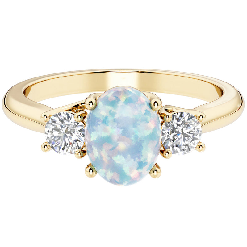 Peora Created White Opal and Lab Grown Diamond 3-Stone Trellis Ring 14K Gold Oval Shape