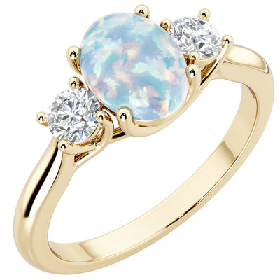 Peora Created White Opal and Lab Grown Diamond 3-Stone Trellis Ring 14K Gold Oval Shape