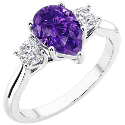 Amethyst and Lab Grown Diamond 3-Stone Trellis Ring 14K Gold 1.30 Carats Pear Shape