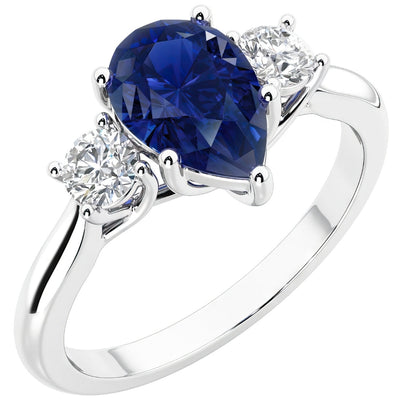 Blue Sapphire and Lab Grown Diamond 3-Stone Trellis Ring 14K Gold 2 Carats Pear Shape