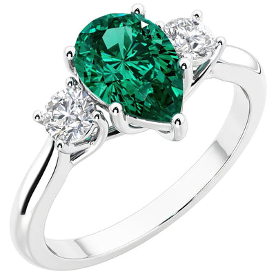 Created Emerald and Lab Grown Diamond 3-Stone Trellis Ring 14K Gold 1.55 Carats Pear Shape