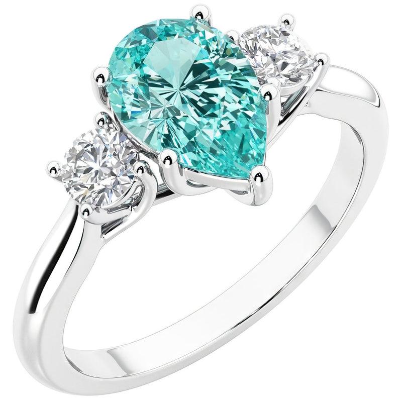 Paraiba Tourmaline and Lab Grown Diamond 3-Stone Trellis Ring 14K Gold 1.80 Carats Pear Shape