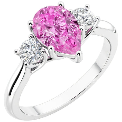 Pink Sapphire and Lab Grown Diamond 3-Stone Trellis Ring 14K Gold 2 Carats Pear Shape