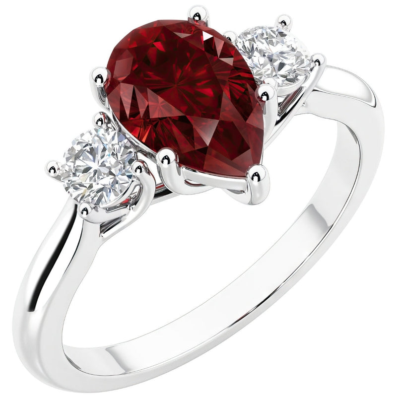 Garnet and Lab Grown Diamond 3-Stone Trellis Ring 14K Gold 1.80 Carats Pear Shape