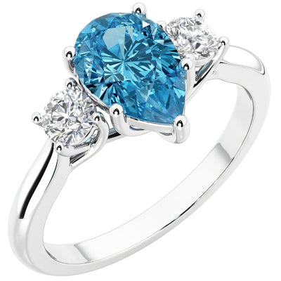 London Blue Topaz and Lab Grown Diamond 3-Stone Trellis Ring 14K Gold 1.80 Carats Pear Shape