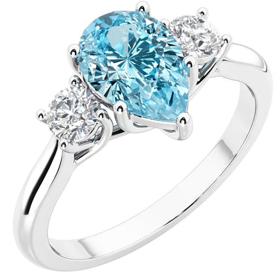 Swiss Blue Topaz and Lab Grown Diamond 3-Stone Trellis Ring 14K Gold 1.80 Carats Pear Shape