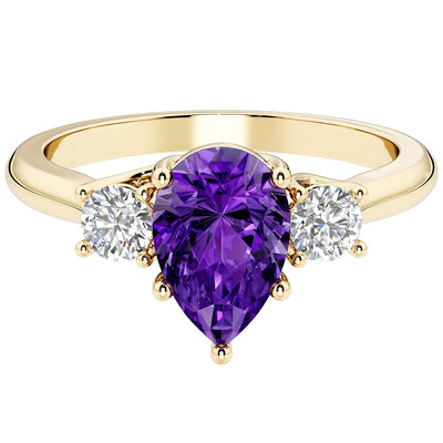 Amethyst and Lab Grown Diamond 3-Stone Trellis Ring 14K Gold 1.30 Carats Pear Shape