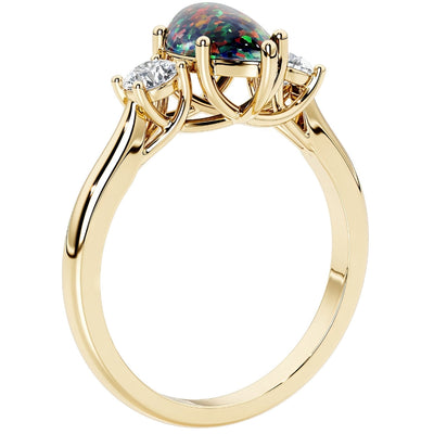 Black Opal and Lab Grown Diamond 3-Stone Trellis Ring 14K Gold 1.50 Carats Pear Shape