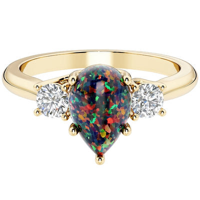 Black Opal and Lab Grown Diamond 3-Stone Trellis Ring 14K Gold 1.50 Carats Pear Shape