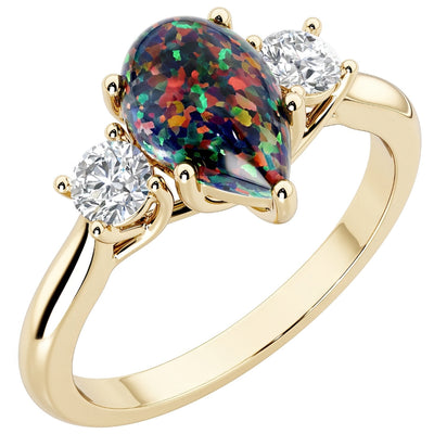 Black Opal and Lab Grown Diamond 3-Stone Trellis Ring 14K Gold 1.50 Carats Pear Shape