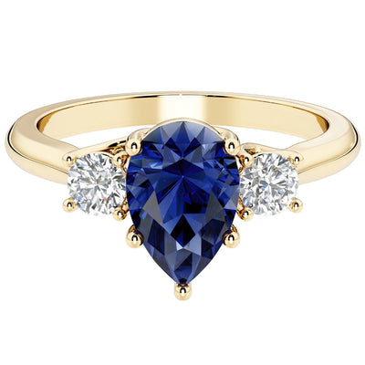 Blue Sapphire and Lab Grown Diamond 3-Stone Trellis Ring 14K Gold 2 Carats Pear Shape