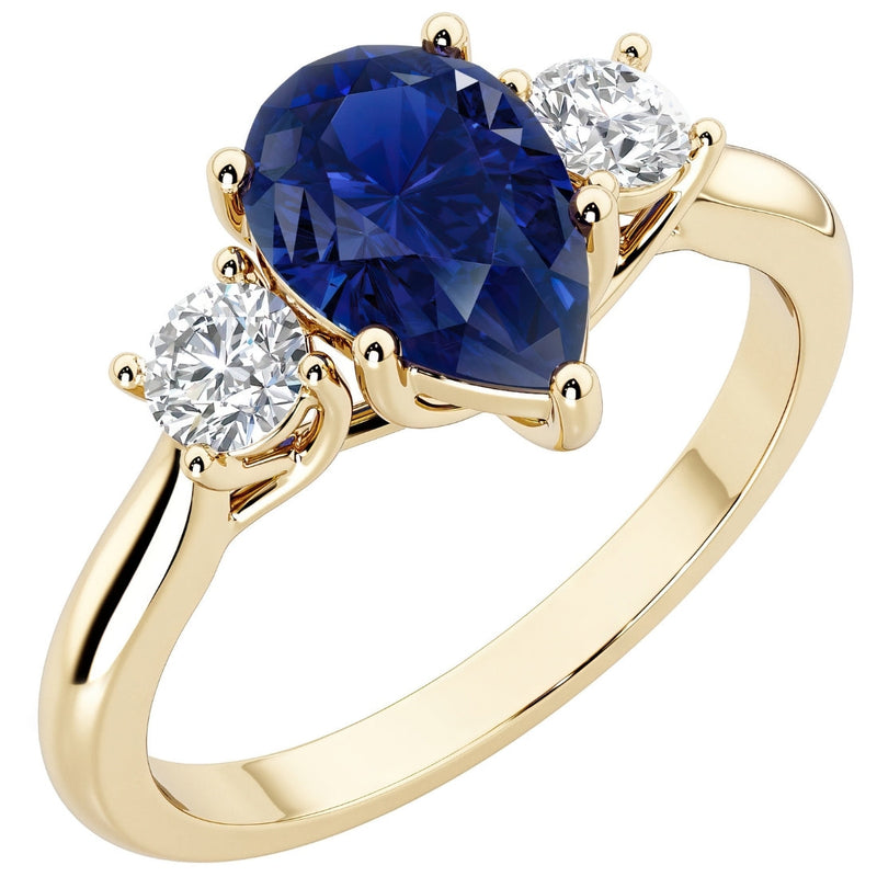 Blue Sapphire and Lab Grown Diamond 3-Stone Trellis Ring 14K Gold 2 Carats Pear Shape