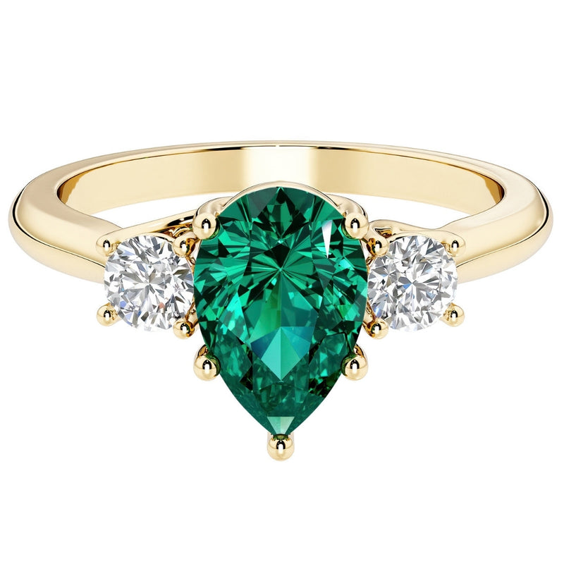 Created Emerald and Lab Grown Diamond 3-Stone Trellis Ring 14K Gold 1.55 Carats Pear Shape