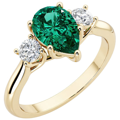 Created Emerald and Lab Grown Diamond 3-Stone Trellis Ring 14K Gold 1.55 Carats Pear Shape