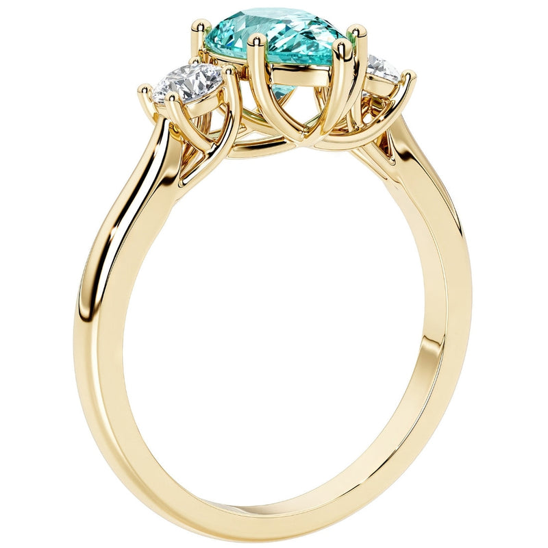 Paraiba Tourmaline and Lab Grown Diamond 3-Stone Trellis Ring 14K Gold 1.80 Carats Pear Shape