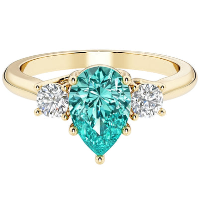 Paraiba Tourmaline and Lab Grown Diamond 3-Stone Trellis Ring 14K Gold 1.80 Carats Pear Shape