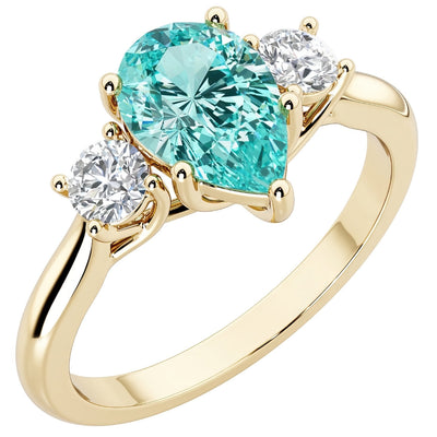 Paraiba Tourmaline and Lab Grown Diamond 3-Stone Trellis Ring 14K Gold 1.80 Carats Pear Shape