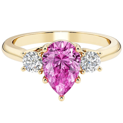 Pink Sapphire and Lab Grown Diamond 3-Stone Trellis Ring 14K Gold 2 Carats Pear Shape