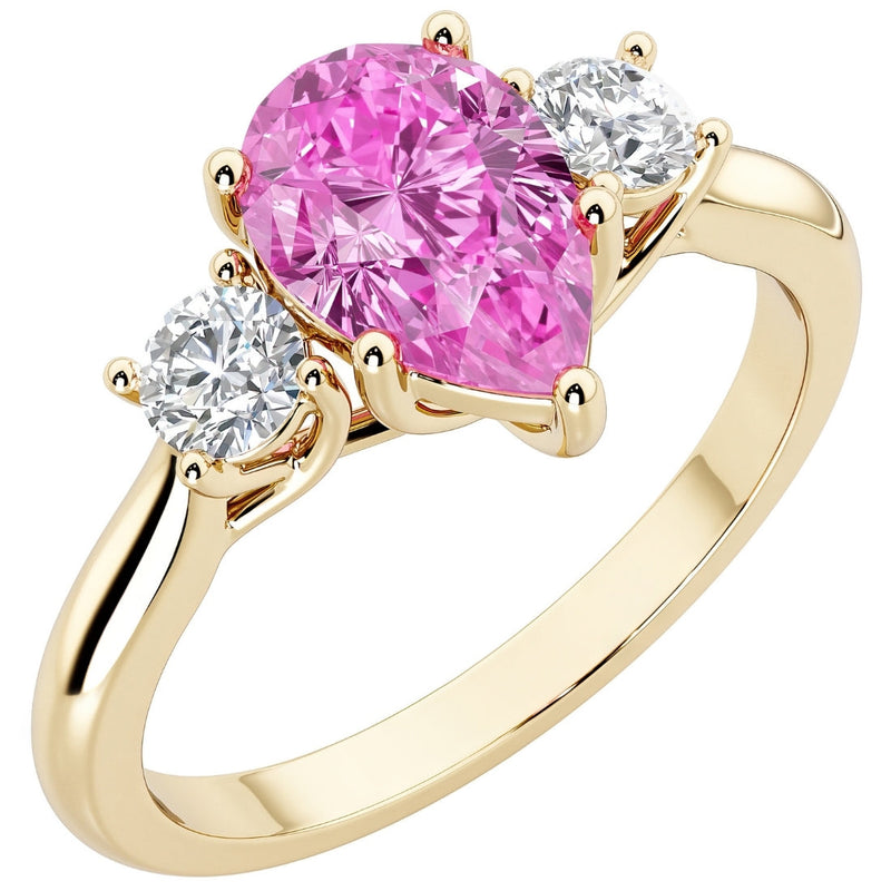 Pink Sapphire and Lab Grown Diamond 3-Stone Trellis Ring 14K Gold 2 Carats Pear Shape