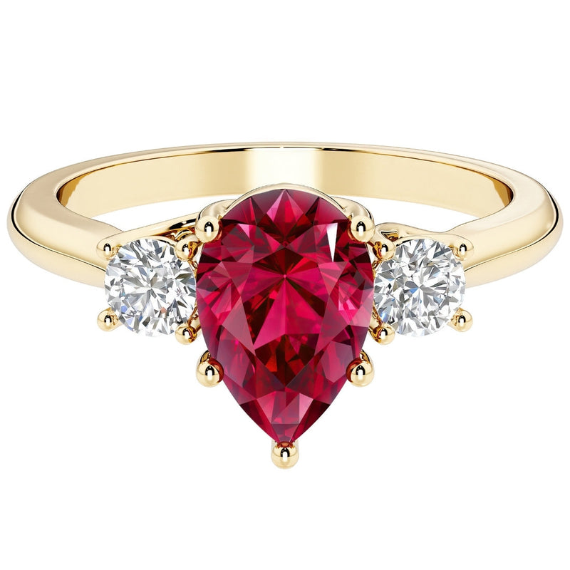 Created Ruby and Lab Grown Diamond 3-Stone Trellis Ring 14K Gold 2 Carats Pear Shape