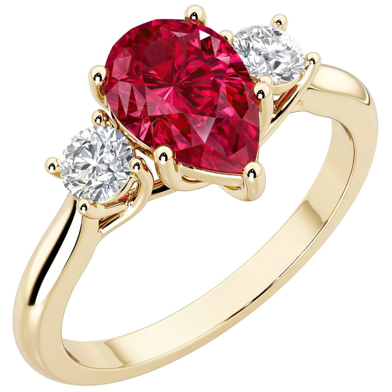 Created Ruby and Lab Grown Diamond 3-Stone Trellis Ring 14K Gold 2 Carats Pear Shape