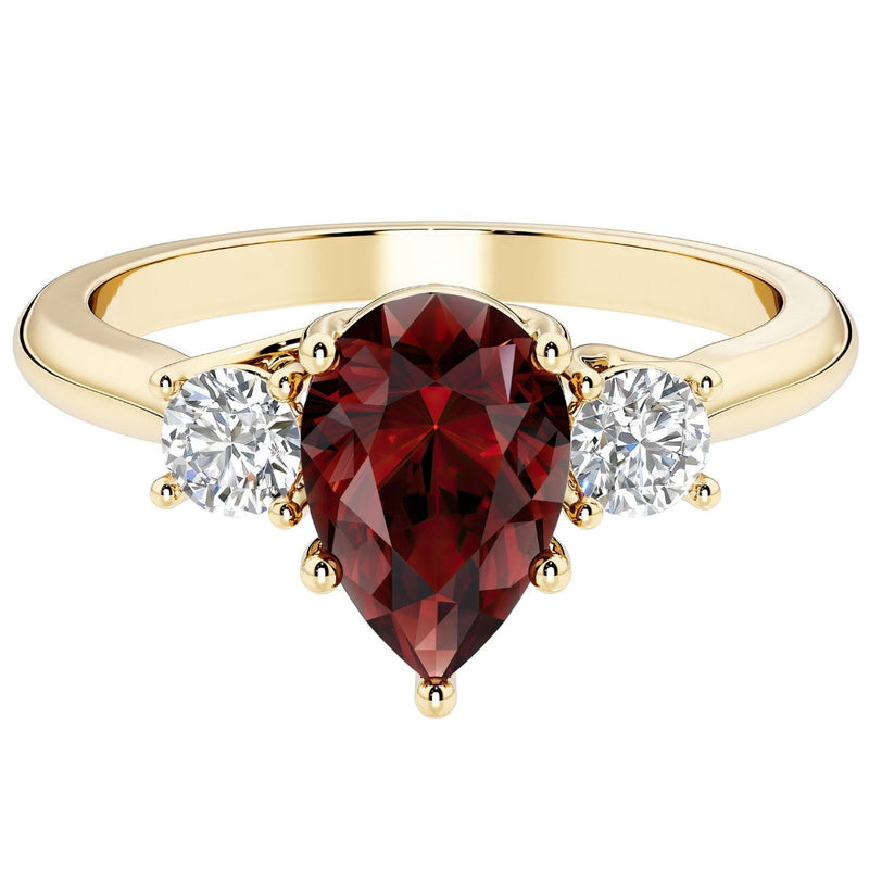 Garnet and Lab Grown Diamond 3-Stone Trellis Ring 14K Gold 1.80 Carats Pear Shape