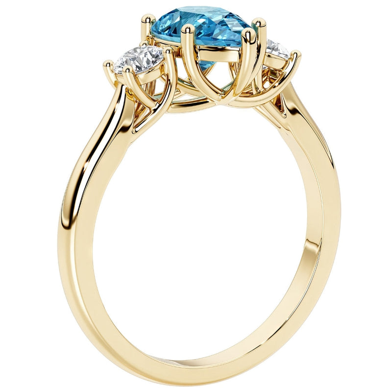 London Blue Topaz and Lab Grown Diamond 3-Stone Trellis Ring 14K Gold 1.80 Carats Pear Shape