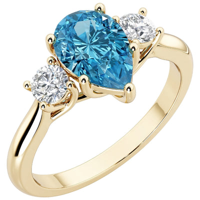 London Blue Topaz and Lab Grown Diamond 3-Stone Trellis Ring 14K Gold 1.80 Carats Pear Shape