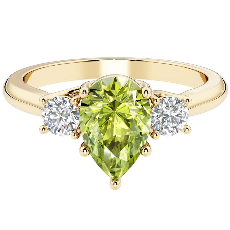 Peridot and Lab Grown Diamond 3-Stone Trellis Ring 14K Gold 1.80 Carats Pear Shape