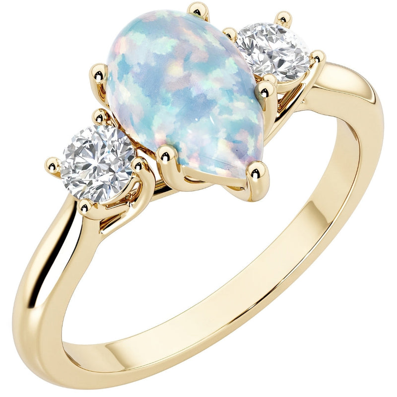 White Opal and Lab Grown Diamond 3-Stone Trellis Ring 14K Gold 1.50 Carats Pear Shape