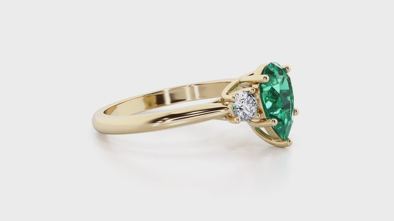 Created Emerald and Lab Grown Diamond 3-Stone Trellis Ring 14K Gold 1.55 Carats Pear Shape