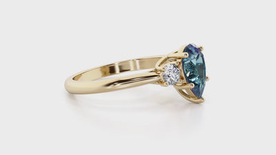 Alexandrite and Lab Grown Diamond 3-Stone Trellis Ring 14K Gold 2 Carats Pear Shape