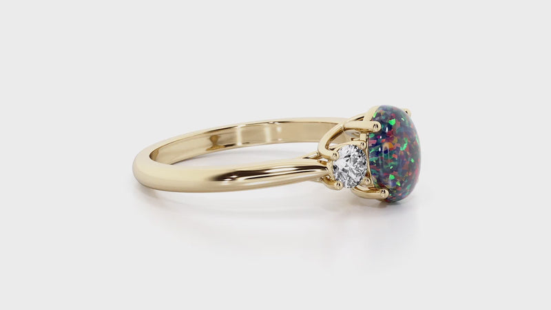 Black Opal and Lab Grown Diamond 3-Stone Trellis Ring 14K Gold 1.30 Carats Oval