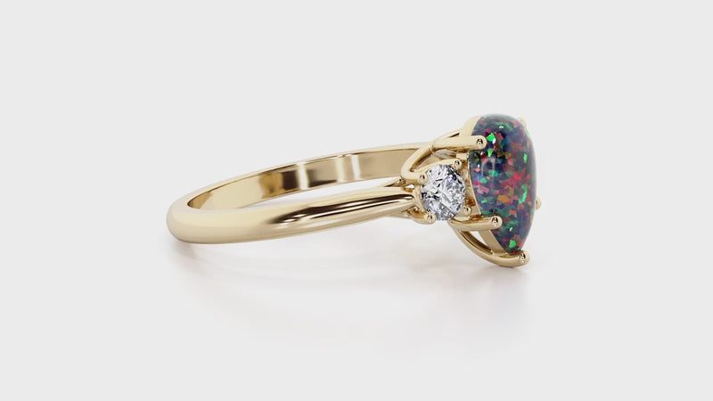 Black Opal and Lab Grown Diamond 3-Stone Trellis Ring 14K Gold 1.50 Carats Pear Shape