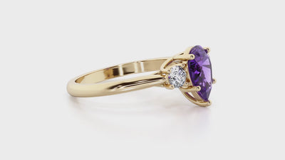 Amethyst and Lab Grown Diamond 3-Stone Trellis Ring 14K Gold 1.30 Carats Pear Shape