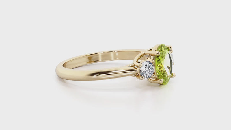 Peridot and Lab Grown Diamond 3-Stone Trellis Ring 14K Gold 1.60 Carats Oval