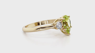 Peridot and Lab Grown Diamond 3-Stone Trellis Ring 14K Gold 1.80 Carats Pear Shape